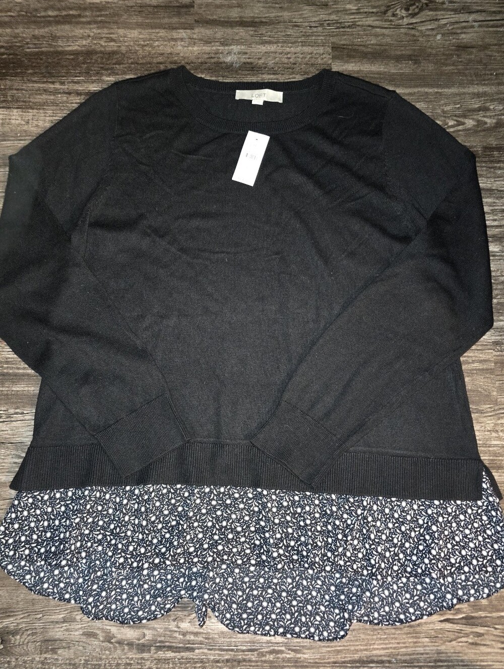 LOFT Black Long-Sleeve Pullover Sweater with Printed Ruffle Hem Large NWT